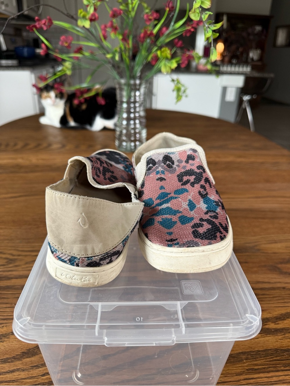OluKai Slip-On Shoes in Pink and Teal Leopard Print
